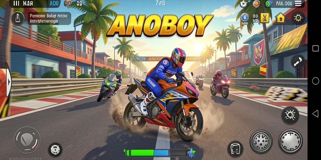 Tampilan mendebarkan dari gameplay ANOBOY saat balapan motor.