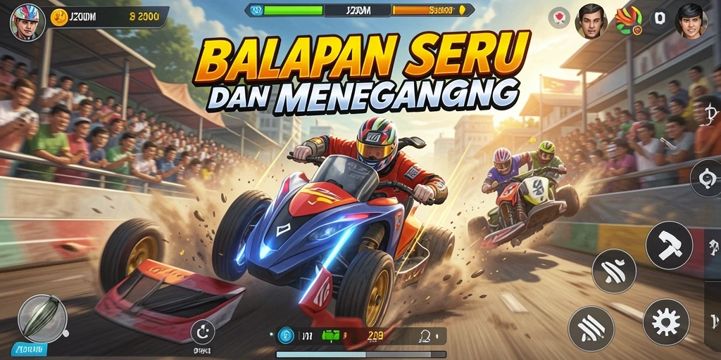 Screenshot utama J200M menampilkan aksi balapan yang mendebarkan dengan mobil yang melaju kencang.