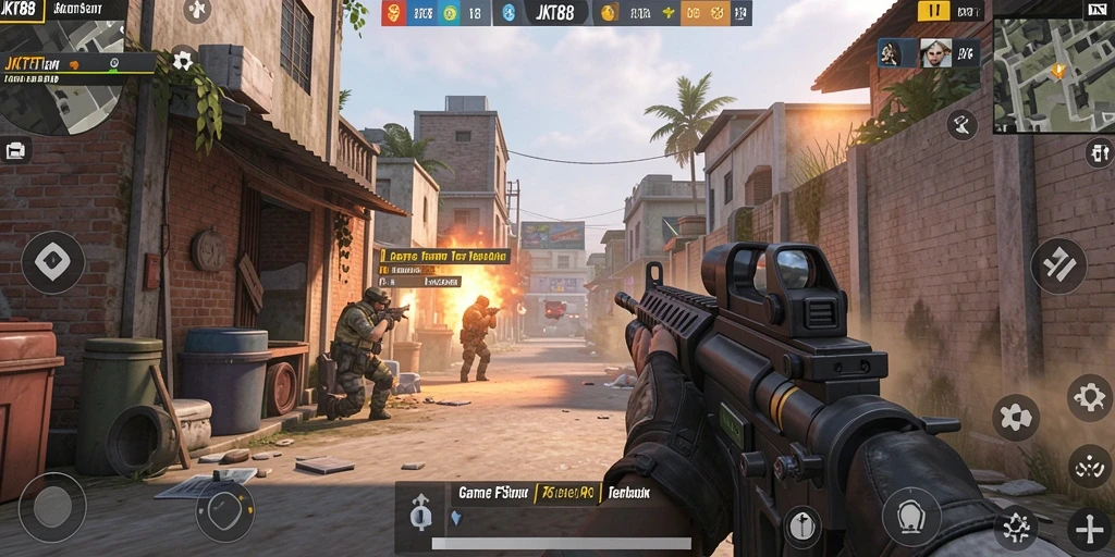 Screenshot gameplay JKT88 dengan aksi menembak seru.
