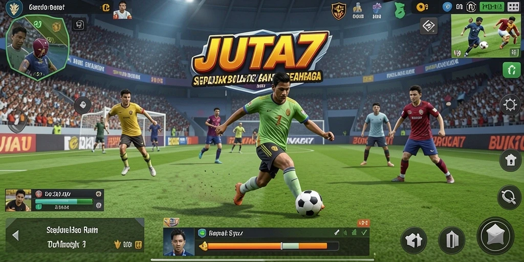 Screenshot permainan <strong>JUTA7</strong> menampilkan aksi seru di lapangan sepak bola.