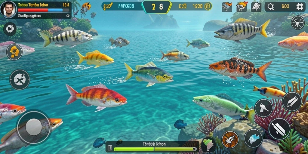 Screenshot MPO08 menampilkan gameplay seru saat menangkap ikan.