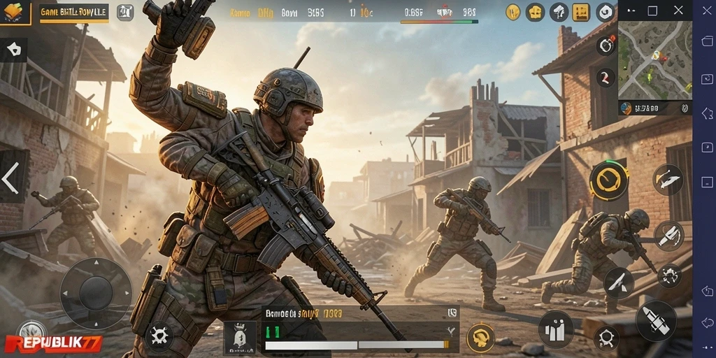 Tampilan gameplay seru di dunia REPUBLIK77 Battle Royale.