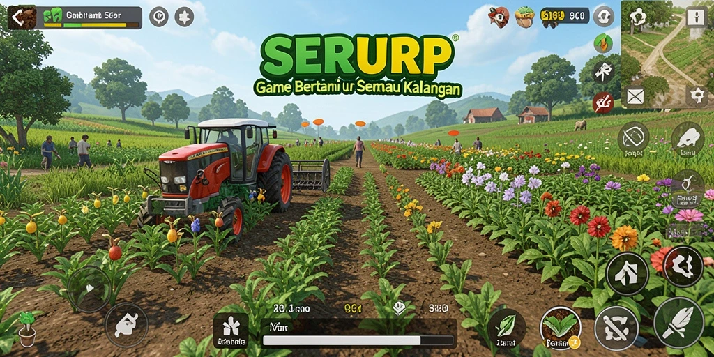 Tangkapan layar gameplay SERURP menampilkan kebun yang asri dan hewan yang bahagia.
