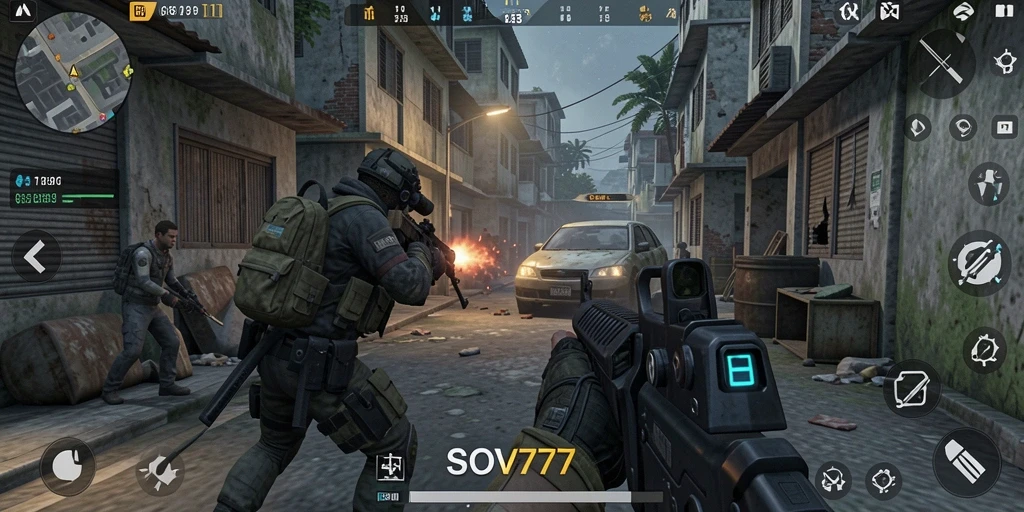 Screenshot gameplay SOV777 menampilkan aksi menegangkan di medan perang TPS.