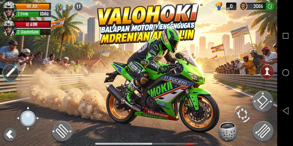 Screenshot gameplay VALOHOKI menampilkan balapan motor yang seru dan mendebarkan.