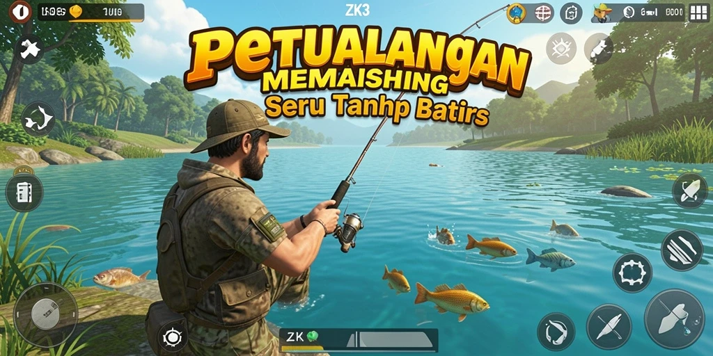 Screenshot utama ZK3 menampilkan gameplay seru saat menangkap ikan.